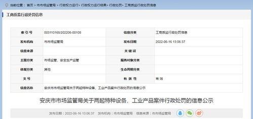 安徽省安慶市市場監(jiān)管局公示兩起特種設備及工業(yè)產(chǎn)品案件行政處罰信息，強化市場安全監(jiān)管